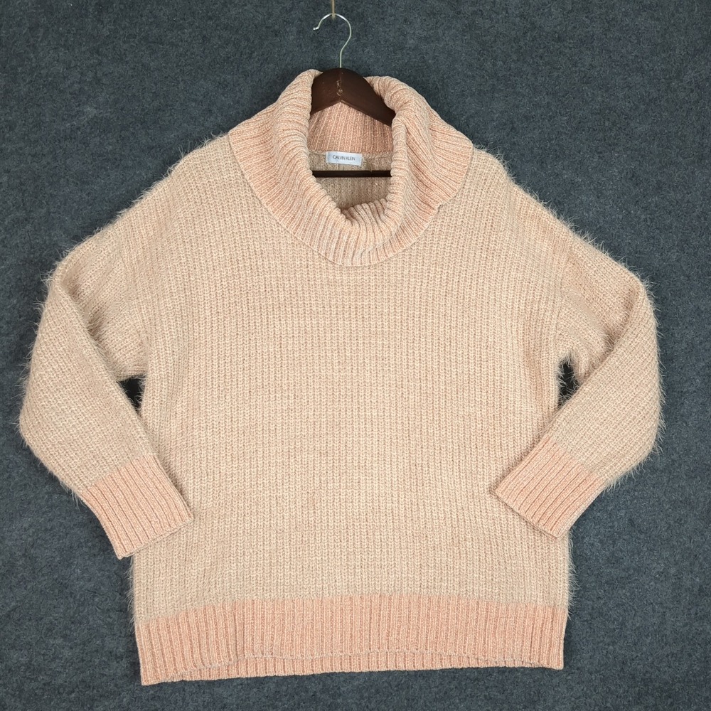 Calvin Klein Womens Peach Pink Cowl Neck Fuzzy Eyelash Knit Sweater Large L - Picture 2 of 11